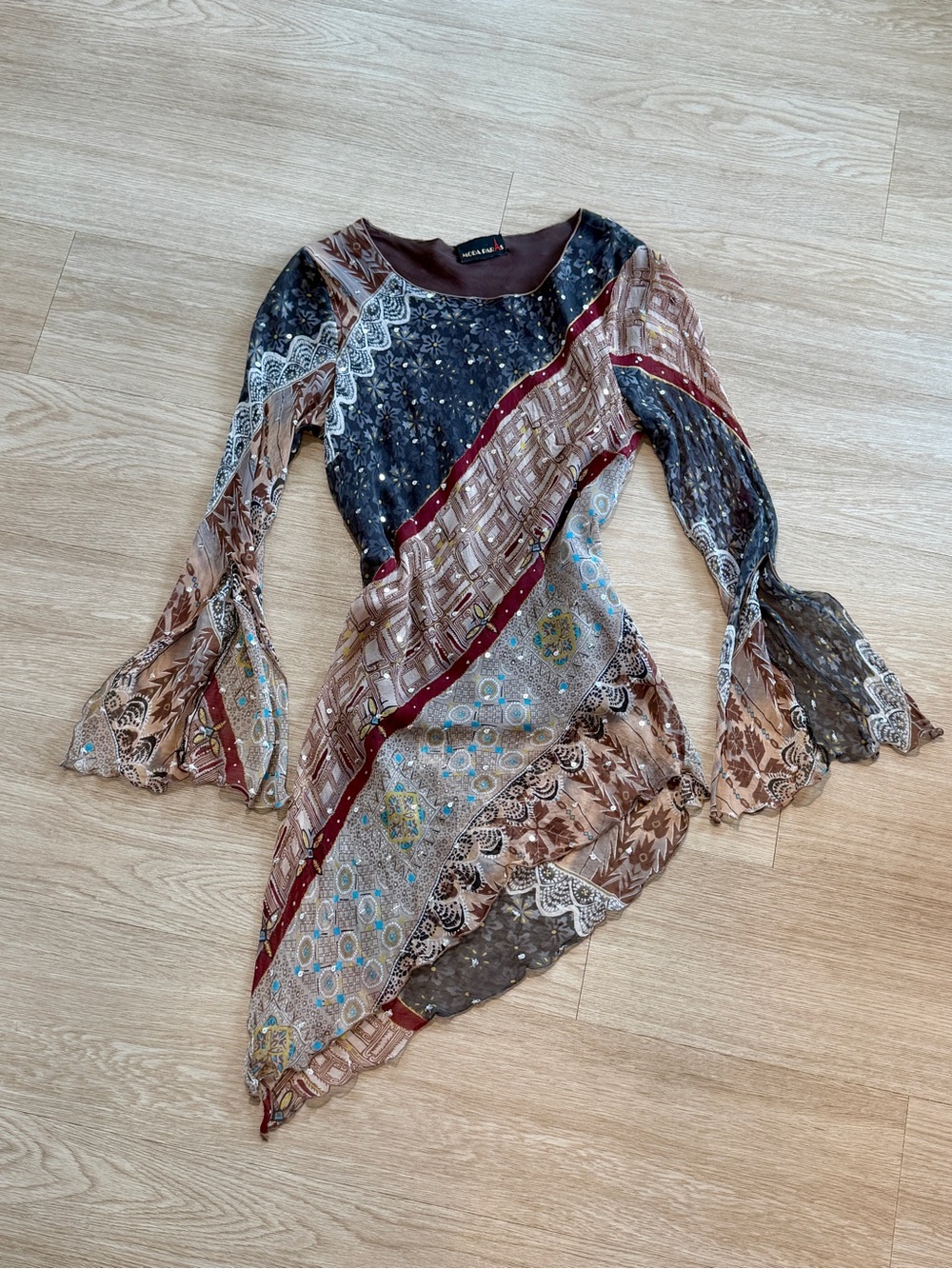 Moda Paris Vintage Y2K Women's Multi Print Chiffon Sequin Asym Tunic/Dress Sz M
